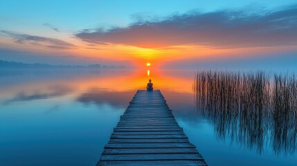 Solitary Figure on Wooden Dock at Sunrise with Fog and Reflections