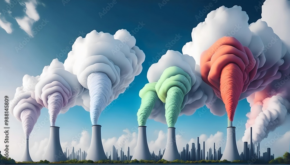 Poster the smokestack releases brightly colored smoke into the clear sky. it is a symbol of pollution and t