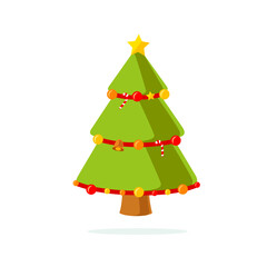 Cute cartoon illustration christmas tree with colorful decorative lights, Bell, Cane, And Star, suitable for logo, sticker, icon, etc.