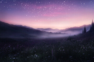 Fototapeta premium Misty Mountain Landscape with Starry Sky