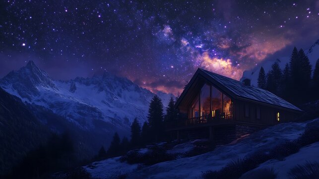 A cozy cabin nestled in the snowy mountains under a star-filled night sky. The Milky Way stretches across the horizon, casting a soft glow on the scene.