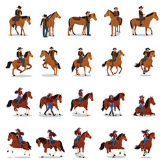 Cowboys Cowgirl Poses with Horse Icons Vector Illustration