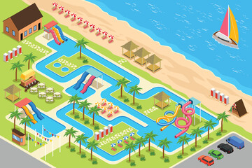 Isometric Waterpark Resort Map Vector Illustration