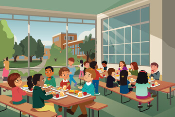 School Children Eating Lunch at School Cafeteria Vector Illustration