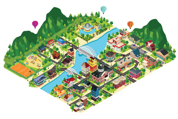 Isometric City Town Map Vector Illustration