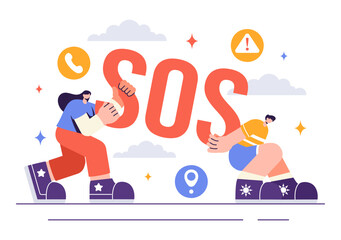 SOS Message Illustration featuring People in Need of Emergency Assistance in Various Situations like Being Lost, Drowning, Stranded on an Island