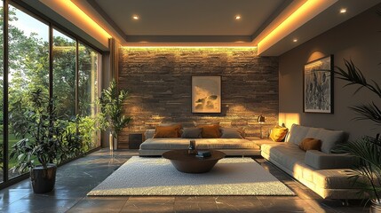 Fototapeta premium Modern Living Room Interior Design with Stone Wall and Large Windows