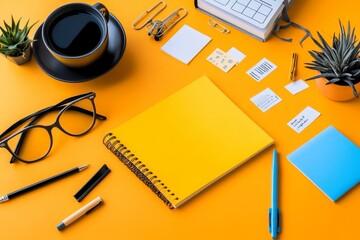 A creative workspace filled with productivity tools, such as notebooks, planners, and sticky notes for organizing ideas