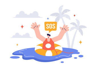 SOS Message Illustration featuring People in Need of Emergency Assistance in Various Situations like Being Lost, Drowning, Stranded on an Island