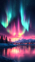 Fototapeta premium Northern Lights Aurora Borealis: Vibrant Colors Reflecting on Serene Lake Amid Starlit Snowy Landscape