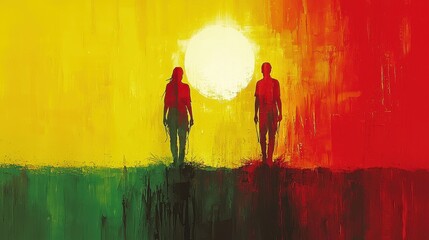 Abstract Sunset Landscape with Silhouettes of Two People
