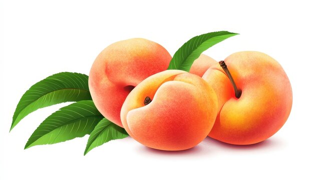 Peaches with leaves isolated on a white or transparent background, depicted in a clean and minimal vector style, showcasing the fruit and leaves with straightforward design elements and ample space