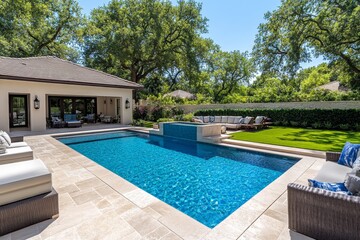 A luxurious backyard with a swimming pool, outdoor seating, and a beautifully landscaped garden