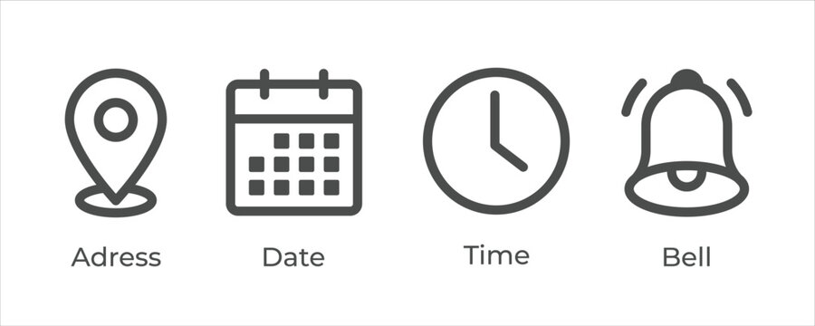 Place, Time, Date and Notification line icons. Calendar, address location pointer and alarm bell. Notice alert, business schedule and office time clock. Location place, date reminder. Vector