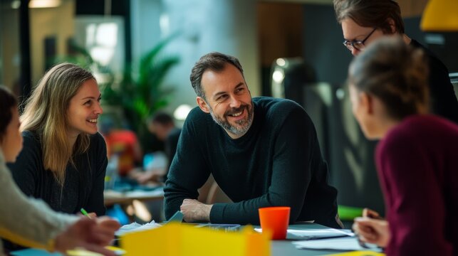 A group of people engaged in a collaborative discussion, smiling and actively participating in a creative work environment.