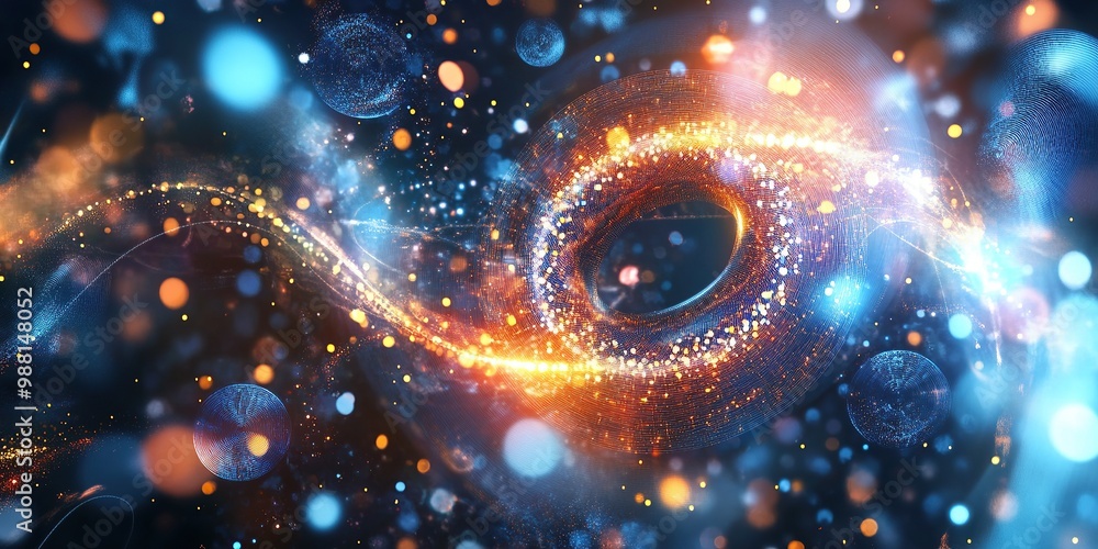 Poster digital background featuring quantum elements, glowing particles and abstract shapes