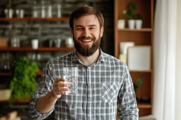 Happy Man Drinking Glass Of Water Standing On Living Room Background