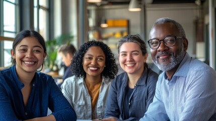 Obraz premium A diverse group of four professionals smiles together in a bright, modern workspace, showcasing collaboration and camaraderie.