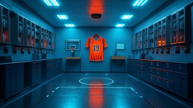 Locker room interior with a glowing orange basketball jersey hanging in the center, illuminated by vibrant blue neon lights, highlighting a moment of pride and achievement in sports