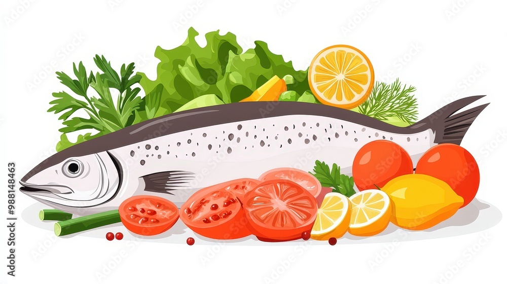 Aufkleber fresh raw fish meat with salad and vegetables in minimal vector style on white background for culina