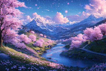 Enchanting Mountain Landscape with Cherry Blossoms and a Starry Sky