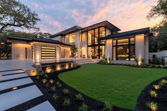 A modern luxury home at sunset, with large windows, manicured lawns, and outdoor lighting highlighting the architecture