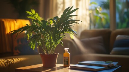 Cozy Living Room with Lush Potted Plant and Sunlight