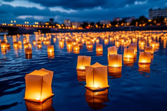 A nighttime lantern festival on a river, with floating lanterns reflecting off the water, creating a peaceful, glowing scene