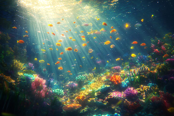 Fototapeta premium Vibrant Underwater Scene: Colorful Coral Reef With Tropical Fish
