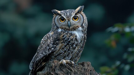 Long eared Owl Perched on Tree Branch with Green Background