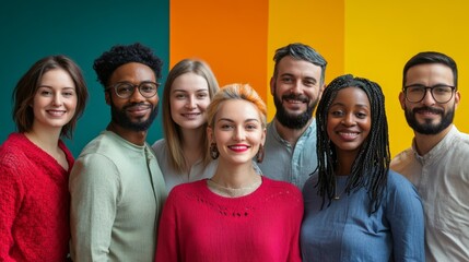 A diverse group of seven smiling individuals standing together against a colorful backdrop, showcasing friendship and unity.