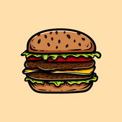 big double cheese burger line art style sketch classic vintage design illustration