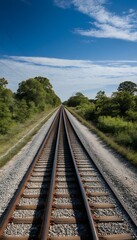 Obraz premium landscape created point train tracks vanishing technology ai generative empty nobody train track vanishing point infinite landscape transport train track distance future apart direction complexity