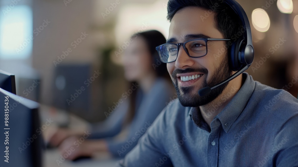 Poster a cheerful man with glasses and a headset interacts with clients at a computer station, showcasing a