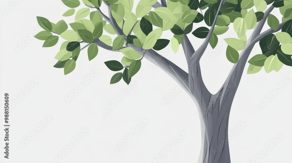 Poster minimalist flat vector tree trunk with green leaves on white background - modern clean design with c
