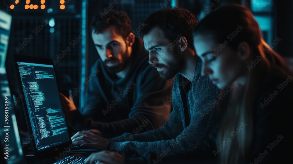 Wall mural Three individuals focus intently on computer screens, immersed in coding and data analysis in a dimly lit, high-tech environment.