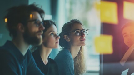A group of thoughtful individuals engaged in discussion, highlighting creativity and collaboration in a modern workspace.