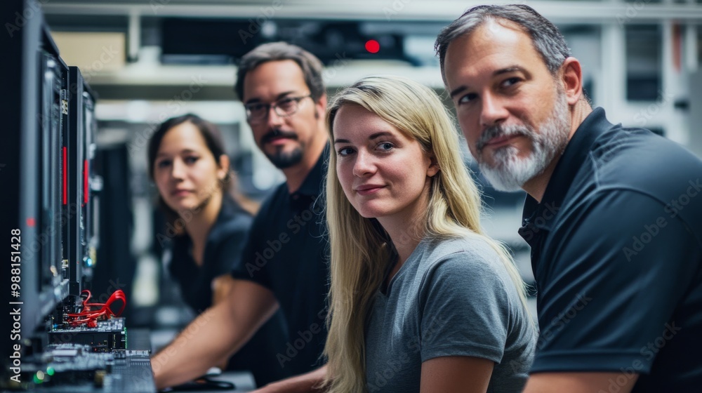 Poster a group of four professionals working together, focused on computers, showcasing teamwork in a tech 