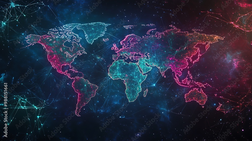 Aufkleber stylized world map with neon circuits connecting continents