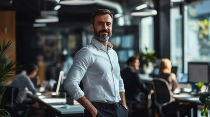 Fototapeta premium A professional man stands confidently in a modern office, surrounded by colleagues, embodying a collaborative work environment.