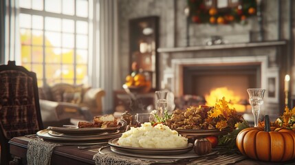 Naklejka premium Cozy Autumn Thanksgiving Table Setting with Fireplace