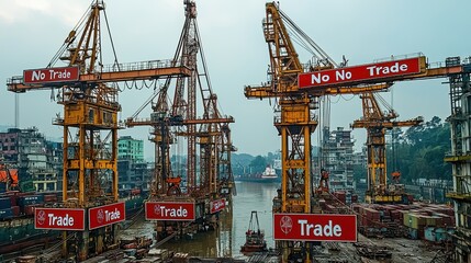 Industrial Port Cranes with No Trade and Trade Signs