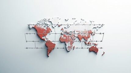 A world map with fences and barriers drawn between continents, trade fencing, economic protectionism concept