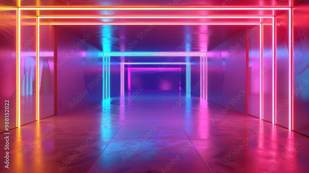 Poster illustration of a corridor with an abstract neon background built into the wall ai generated image