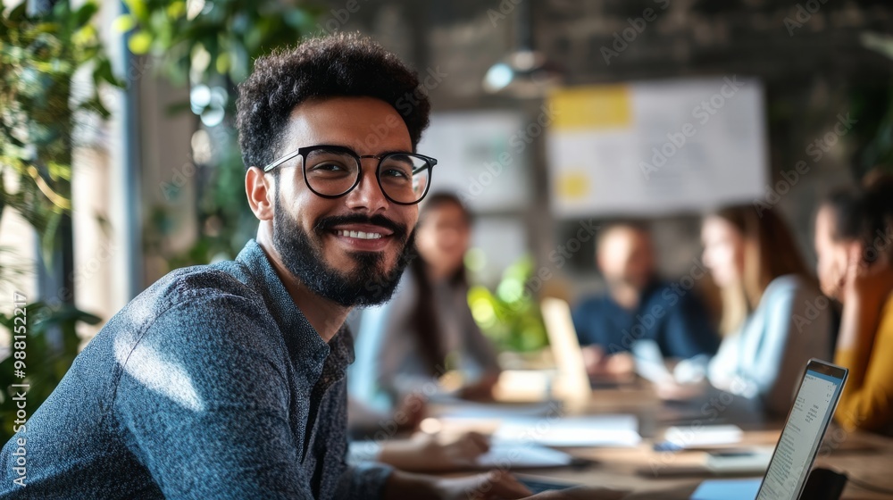 Poster a smiling man with glasses sits at a table, engaged in a collaborative work environment with colleag