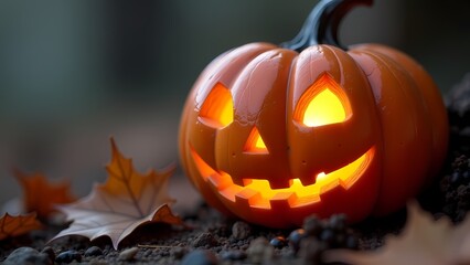 Glowing orange pumpkin with a mischievous grin, perfect for Halloween.