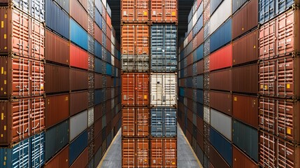 Fototapeta premium Cargo containers held up by red tape, bureaucratic trade obstacle, international shipping delay
