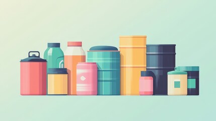 Modern Vector Containers Set - Plastic, Metal, Wood Barrels with Vibrant Colors on Pastel Background | Simple Geometric Shapes 2D Design