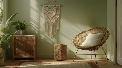 Cozy Bohemian Nook with Macrame Wall Hanging and Wicker Chair