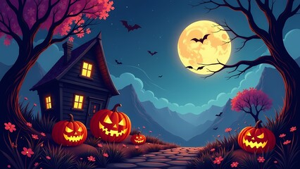 Fototapeta premium Spooky Halloween scene with a cozy cottage and glowing pumpkins under a full moon.